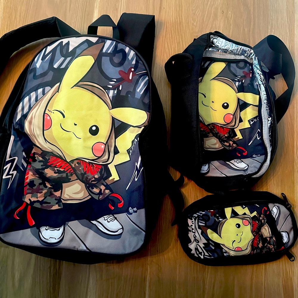 Pikachu backpack, lunch bag, pencil case. 3 piece set.